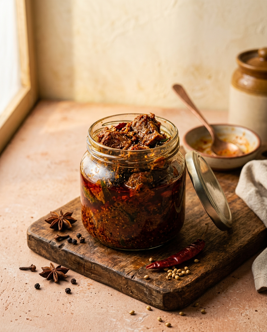 Mutton Pickle in a serving bowl