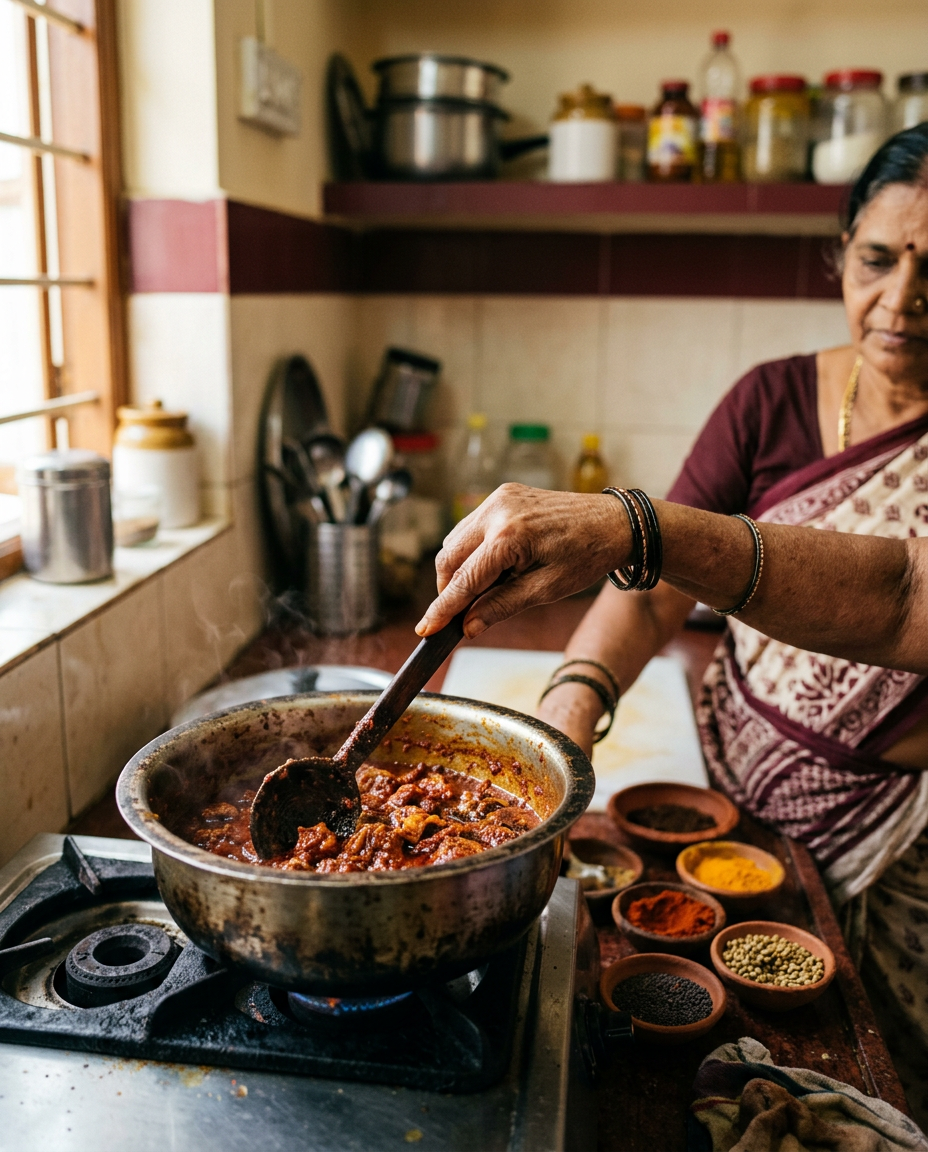 Pickle cooking slowly in a traditional kitchen